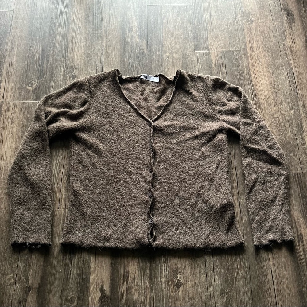 Zara Brown Rolled Edge Knit Cardigan Sz M